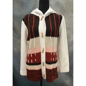 Vtg Hooded Cardigan Missk Sweater Knit Color Block Toggle Buttons Womens Size L